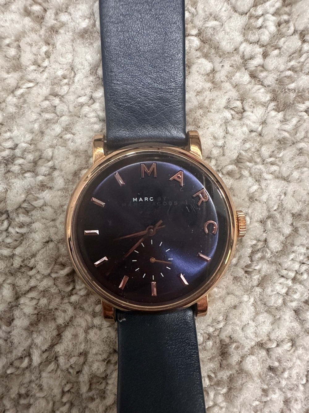 Marc Jacobs Black Dial Rose Gold Case navy Leather Strap Watch